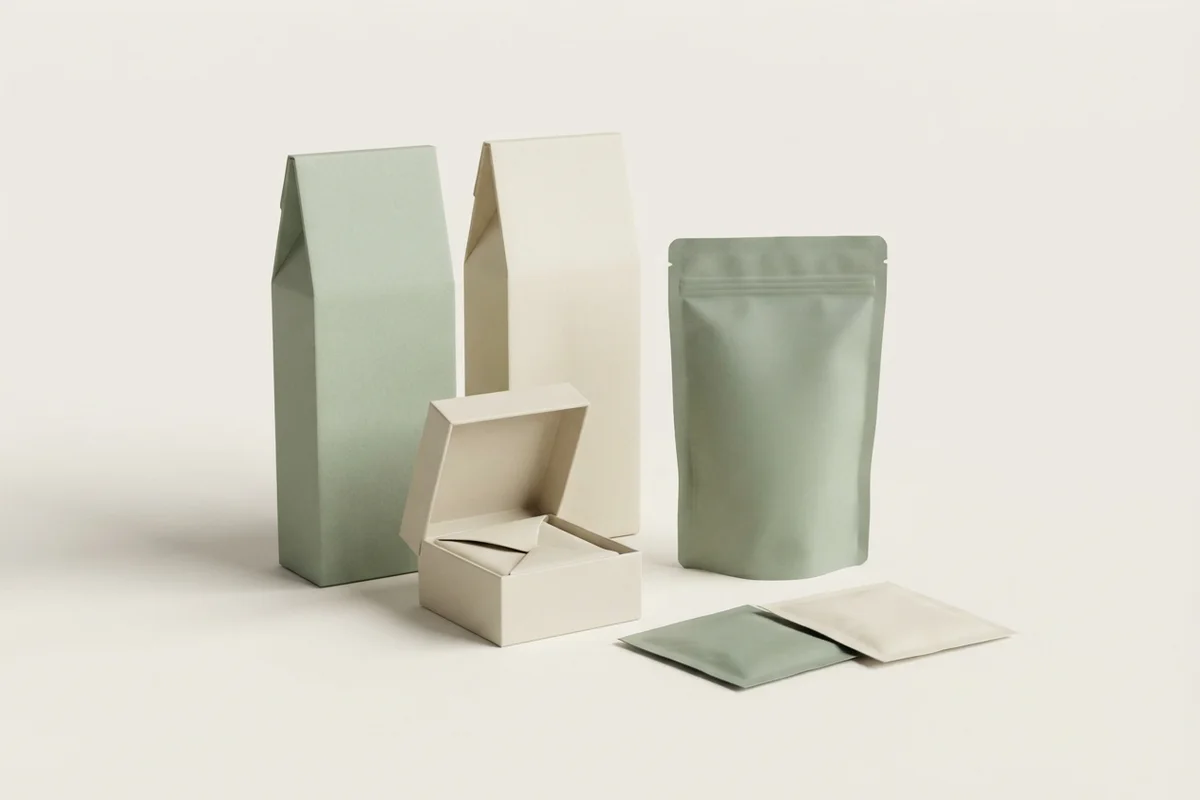 3D render of sage and cream paper cartons, a cream rigid box with an insert, a sage refill pouch and paper sachets