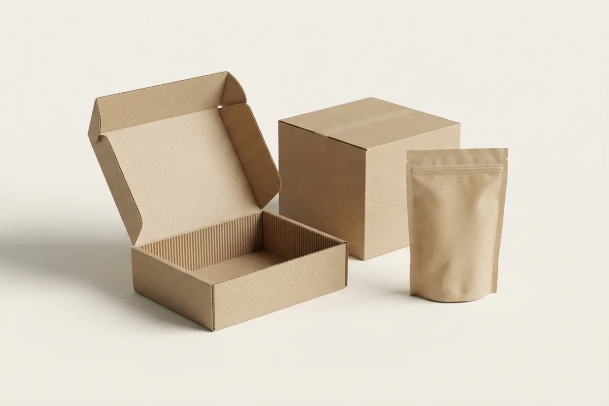 3D render of an open kraft corrugated mailer box, a kraft shipping box and a kraft stand-up pouch
