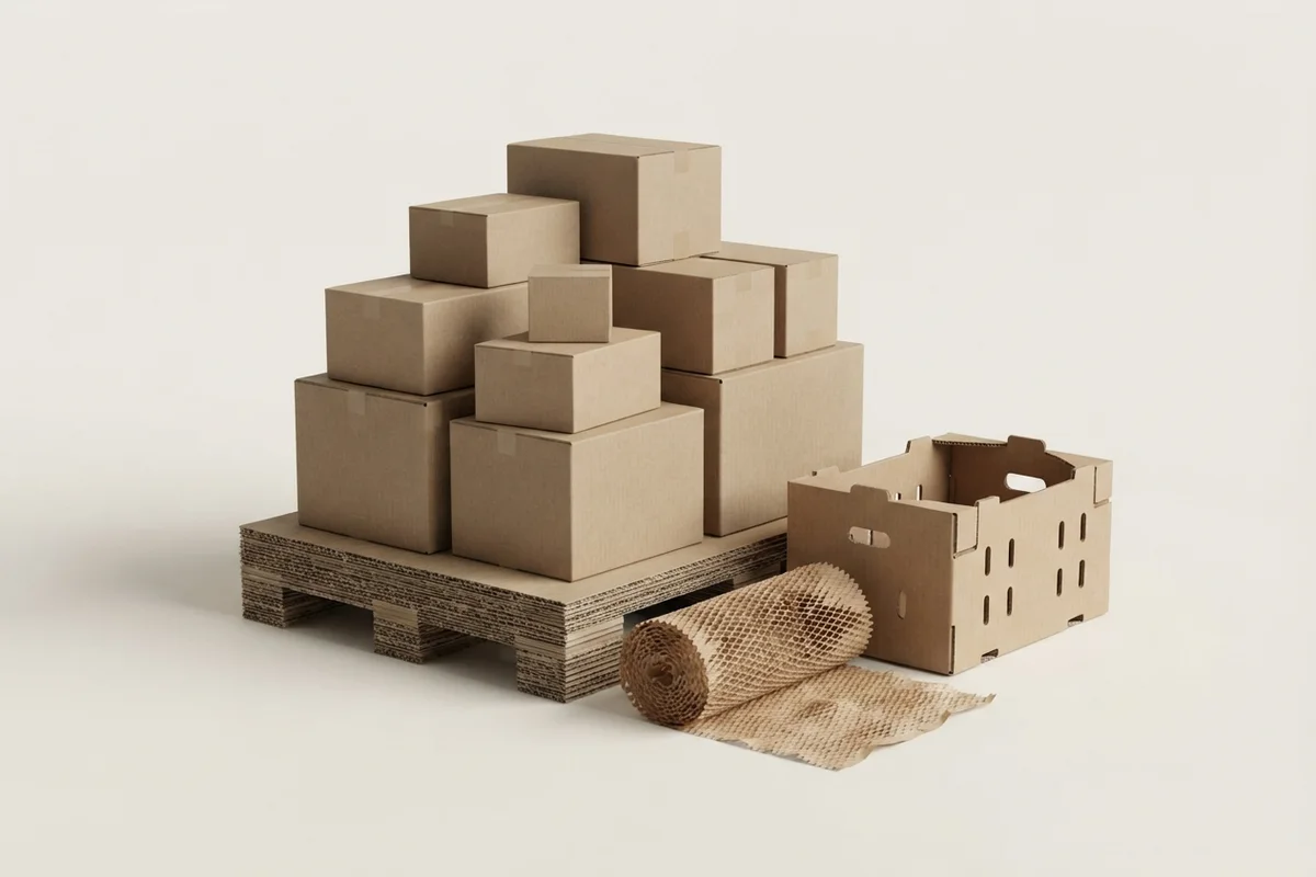 3D render of kraft shipping cartons stacked on a corrugated pallet, a ventilated produce crate and a roll of honeycomb paper wrap
