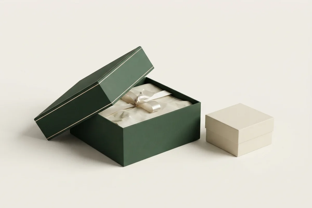 3D render of a forest-green rigid gift box with a gold-edged lid, ribbon and tissue, beside a small cream rigid box