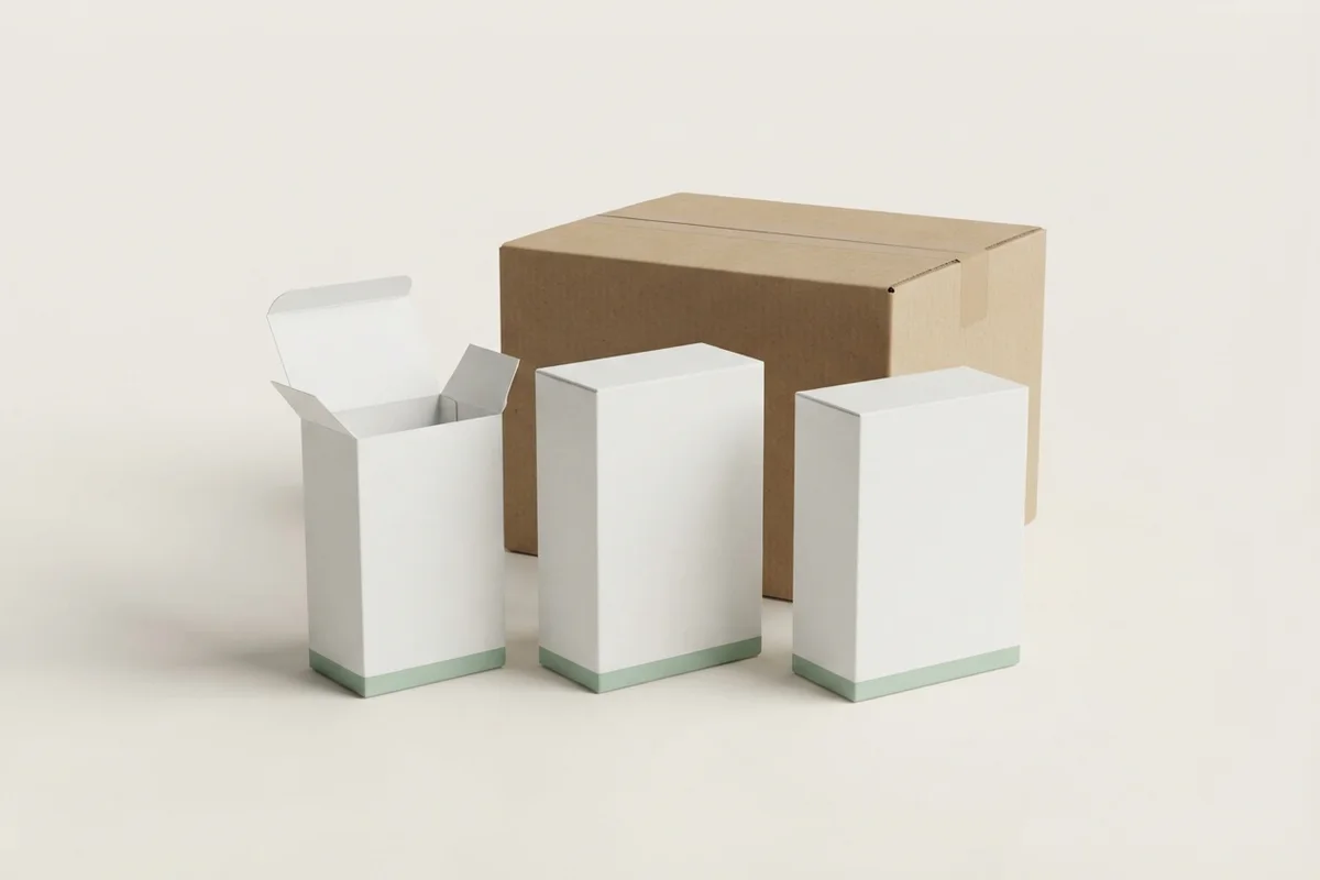 3D render of white folding cartons with a green band, one open, in front of a kraft shipping carton