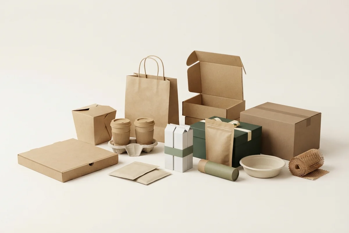 3D render of the paper packaging range: pizza box, takeout box, hot cups in a carrier, kraft shopping bag, mailer and shipping boxes, a green rigid gift box, folding cartons, a stand-up pouch, sachets, a paper tube, a molded-fibre bowl and honeycomb wrap