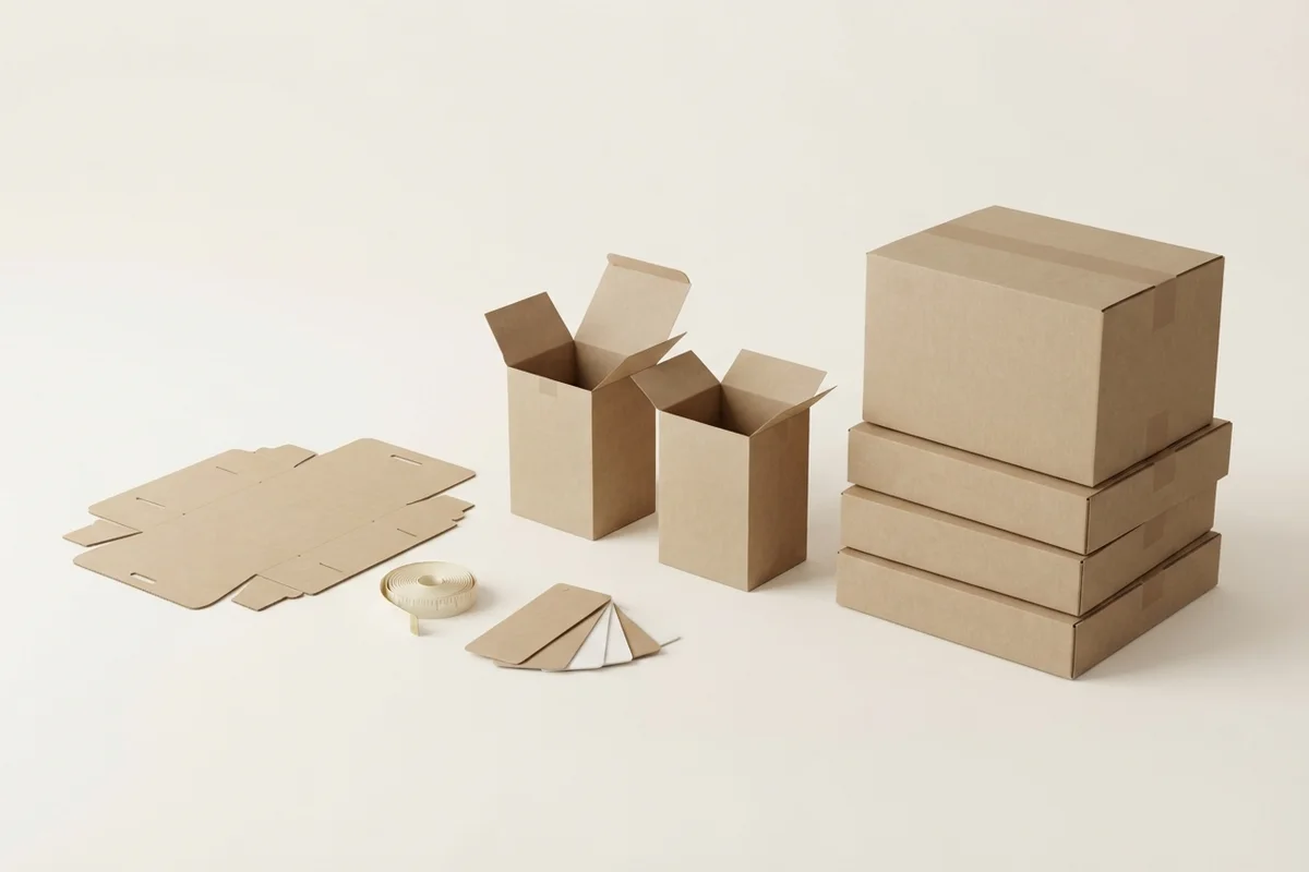 3D render of one packaging order from spec to shipment: a flat kraft box dieline with material swatches and a paper tape, two assembled sample cartons, and sealed shipping cartons stacked ready to go