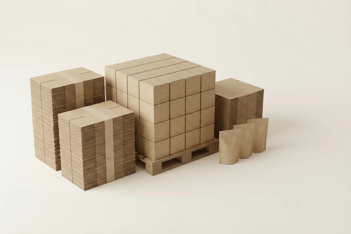3D render of bulk packaging: strapped stacks of flat-packed corrugated boxes, a pallet of identical shipping cartons, flat mailer boxes and kraft stand-up pouches