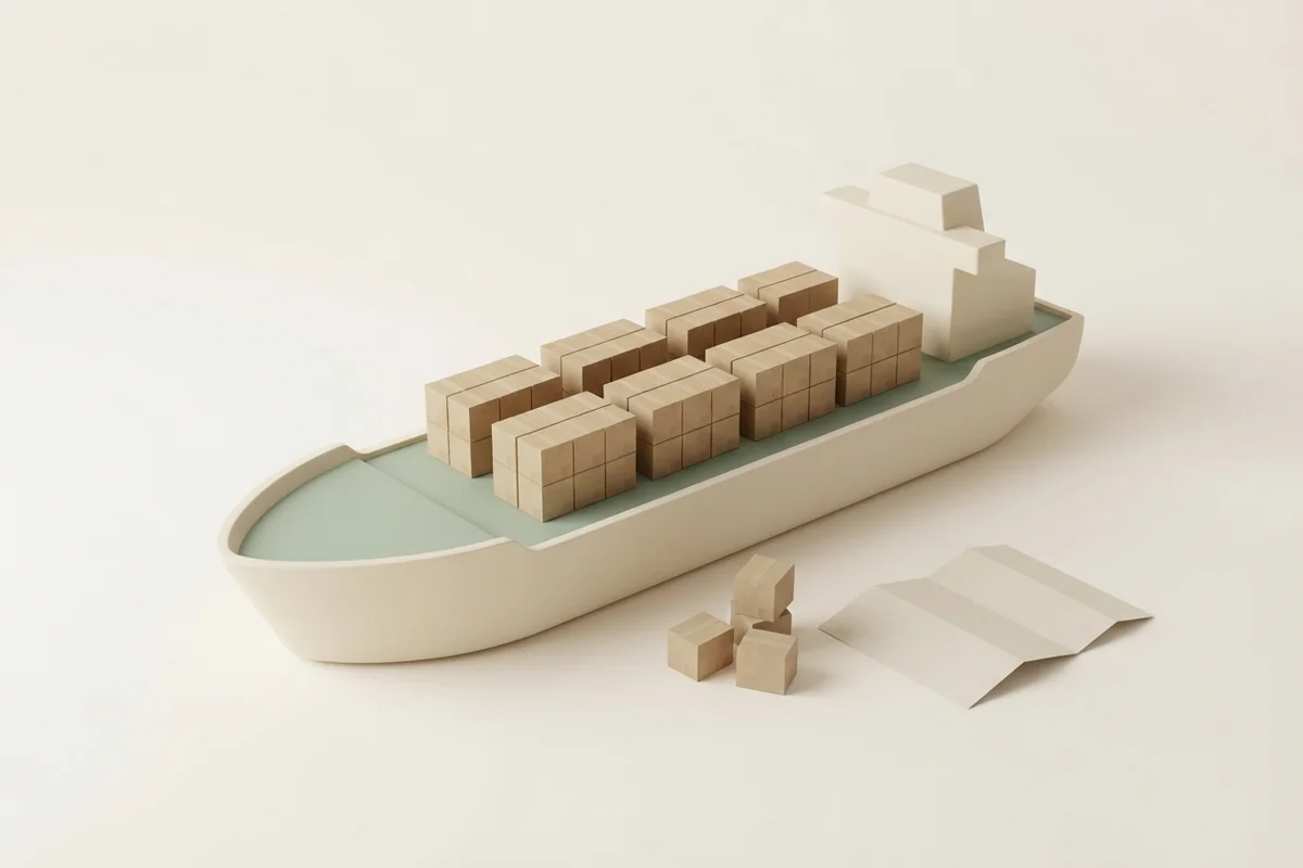 3D render of a cream model cargo ship carrying stacks of kraft cartons, with a few cartons and a folded paper map beside it